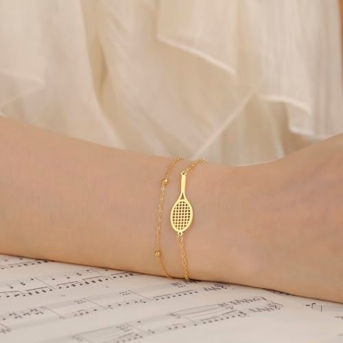 VASSAGO Tennis Racket Bracelet for Women Men Dainty Adjustable Racket Charm Layering Sport Bangle Bracelet Lover Jewelry Tennis Gifts for Women Men Players (Gold Layered Bracelet) - Image 4