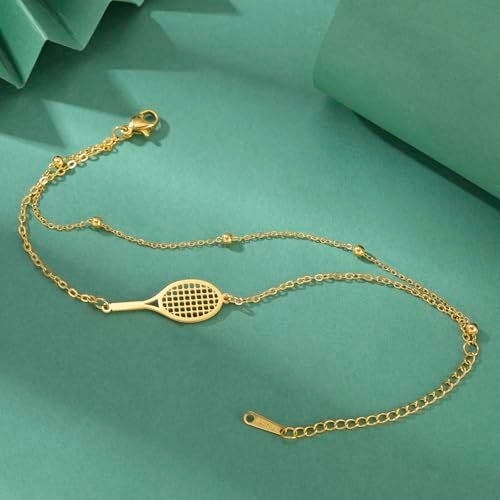 VASSAGO Tennis Racket Bracelet for Women Men Dainty Adjustable Racket Charm Layering Sport Bangle Bracelet Lover Jewelry Tennis Gifts for Women Men Players (Gold Layered Bracelet) - Image 3