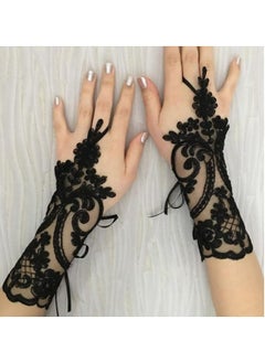 Lace Gloves, 1920s Lace Fingerless Gloves for Wedding Parties, Bridal Wedding Dress Wedding Lace Gloves Hollow Out Fingerless Mesh Short Gloves, Floral Lace Gloves for Wedding Opera Party (Black)