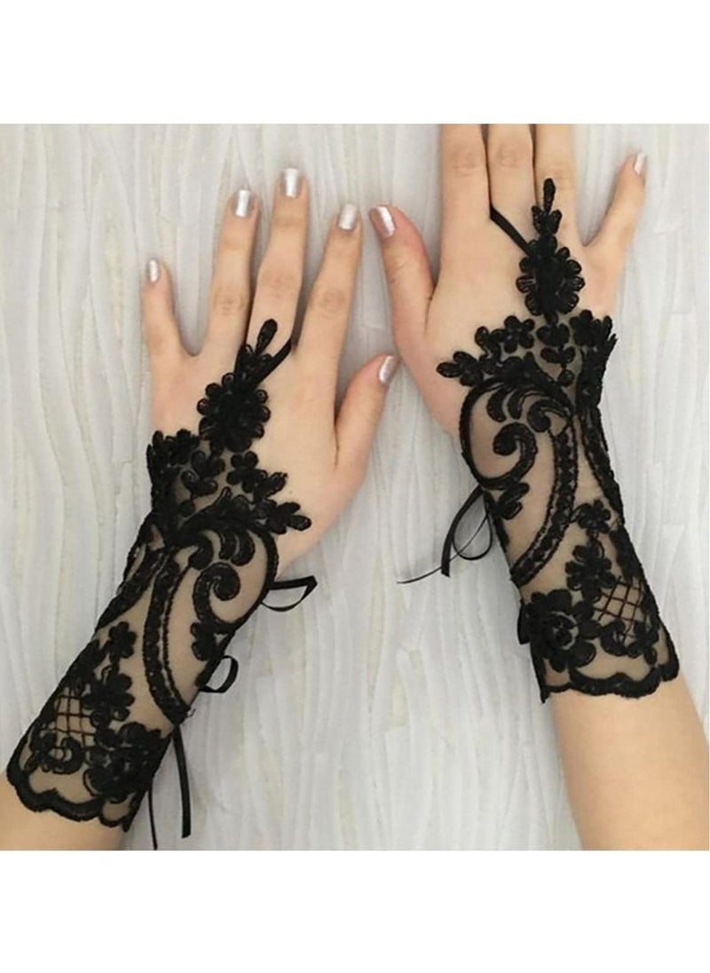 Generic - Lace Gloves, 1920s Lace Fingerless Gloves for Wedding Parties, Bridal Wedding Dress Wedding Lace Gloves Hollow Out Fingerless Mesh Short Gloves, Floral Lace Gloves for Wedding Opera Party (Black) - Image 1