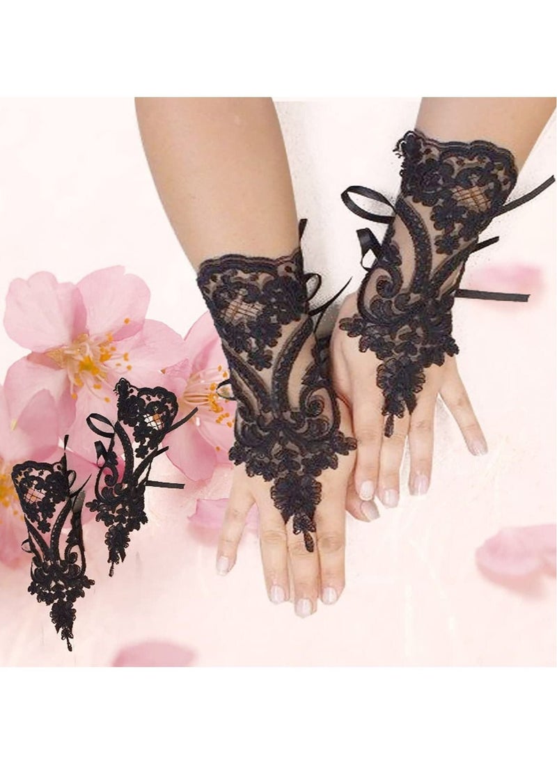 Generic - Lace Gloves, 1920s Lace Fingerless Gloves for Wedding Parties, Bridal Wedding Dress Wedding Lace Gloves Hollow Out Fingerless Mesh Short Gloves, Floral Lace Gloves for Wedding Opera Party (Black) - Image 1
