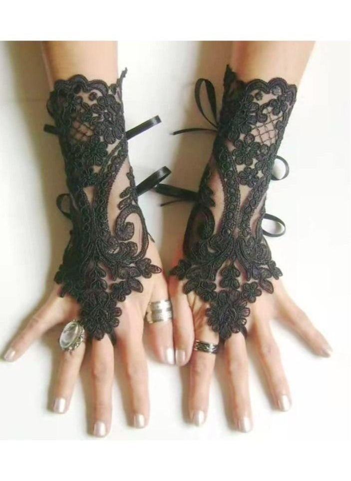 Generic - Lace Gloves, 1920s Lace Fingerless Gloves for Wedding Parties, Bridal Wedding Dress Wedding Lace Gloves Hollow Out Fingerless Mesh Short Gloves, Floral Lace Gloves for Wedding Opera Party (Black) - Image 1