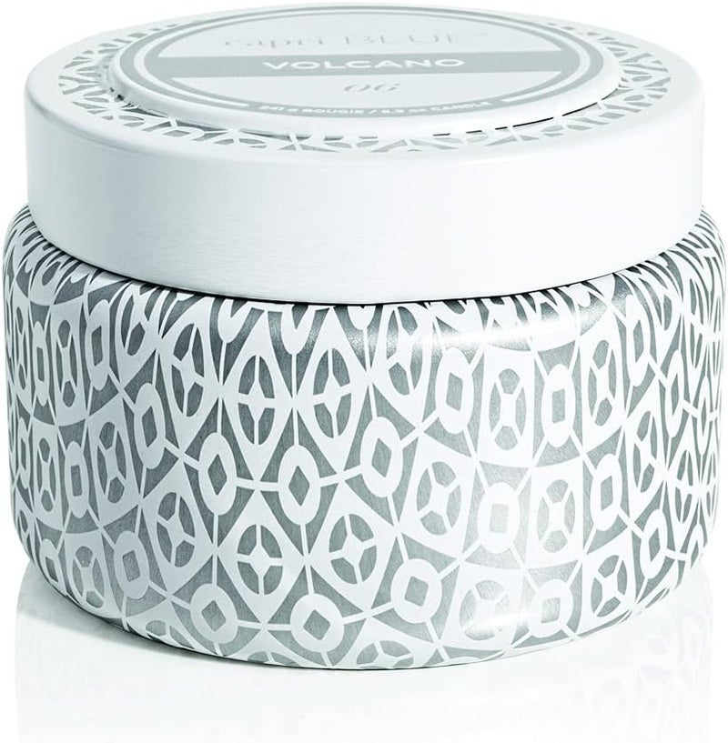 Capri Blue Volcano Printed Travel Tin Jar Candle - Luxury Candle with a Long Lasting Soy Wax Blend - Scented with Tropical & Fruity Fragrance (White Color, 8.5 oz)