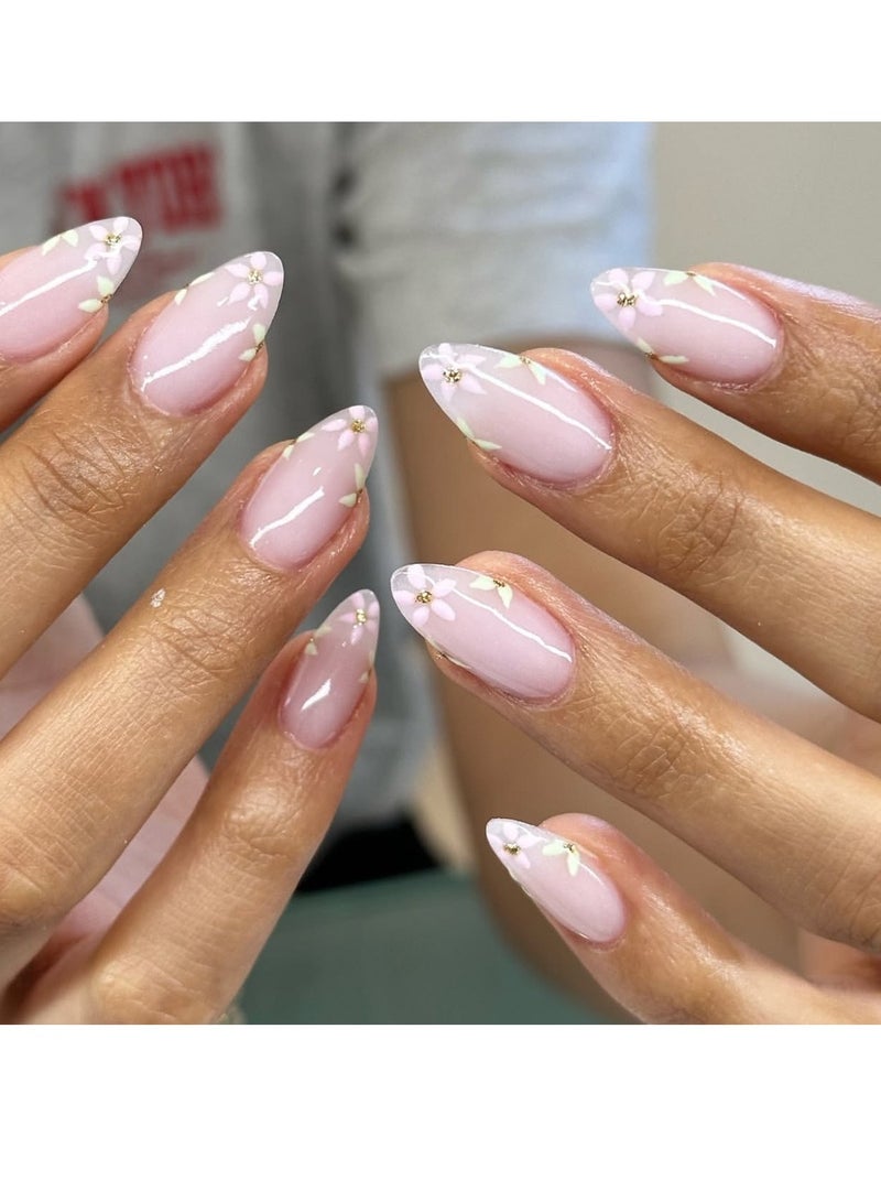 JOSQUEWNN Press On Nails 24pcs,Spring And Summer Fresh And Gentle Flower Nail Art, Fake Nails Suitable For Short Almond Shape, Exquisite Flower Patterns That Showcase Elegance And Freshness,Comfortable And Easy To Wear, Revitalizing Your Fingertips With Life And Vitality.Fake Acrylic Nails With Glue Kit.  - Image 1