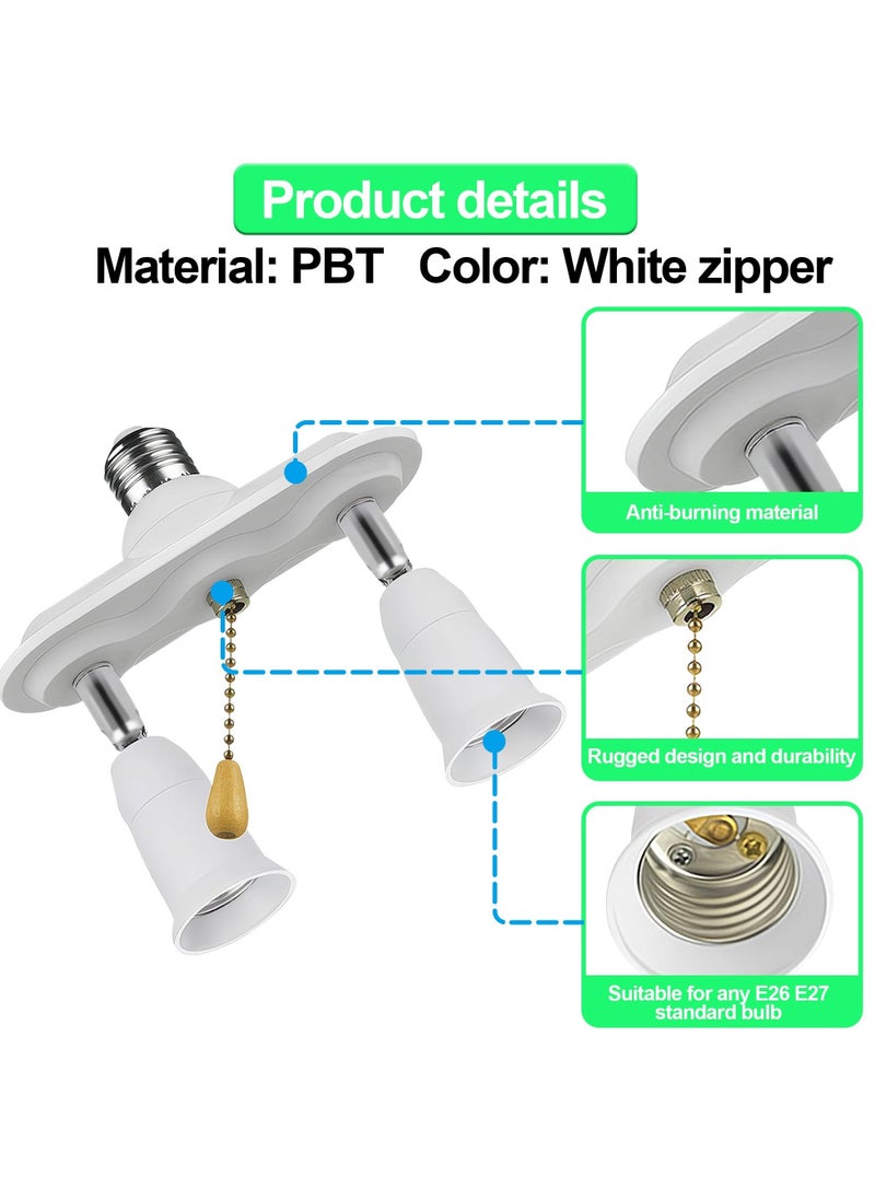 Pull Chain Light Fixture Light Socket Adapter, 2 in 1 E26/E27 Splitter Socket Adapter, 360 Degree Adjustable and 180 Degree Bendable, Pull Chain Light Socket Adapter Converter Splitter