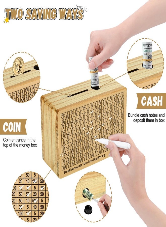 Soleebee Wooden Money Saving Box Savings Challenge Box Cash Vault Piggy Bank with Digital Counter and Dry Erase Pen Wood Color Money Box for Cash Coin No Install Required (8 Amounts) - Image 4