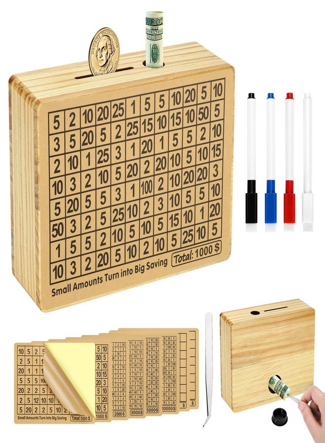 Soleebee Wooden Money Saving Box Savings Challenge Box Cash Vault Piggy Bank with Digital Counter and Dry Erase Pen Wood Color Money Box for Cash Coin No Install Required (8 Amounts) - Image 1