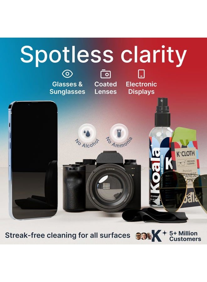 Koala Lifestyle Koala Eyeglass Lens Cleaner Spray Kit | (2x) 8oz + (1x) 2oz Glasses Cleaner Bottle + (3x) Microfiber Cloth | Alcohol Free Eyeglasses, Screen, and Camera Cleaning Kit (6 Piece Set)  - Image 2