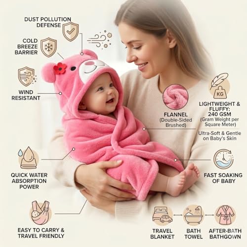 BRANDONN New Born Baby Blanket Pack of Super Soft Bathrobe Wrapper Bath Towel for Boys, Girls, Babies (Hotpink, Length 82 cm x Width 82 cm, 0-12 Months) - Image 2
