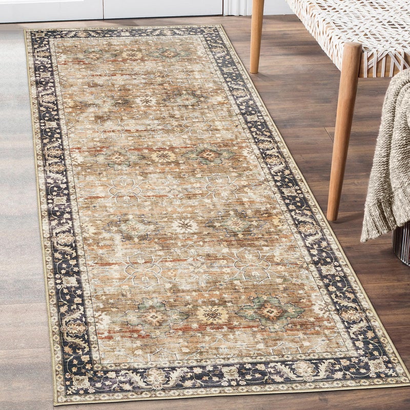 ReaLife Rugs Machine Washable Area Rug Runner  Living Room Bedroom Bathroom Kitchen Entryway  Padded Low Pile Stain Resistant Premium  Boho Farmhouse Vintage  BEV  Beige Tan Brown 26 x 6