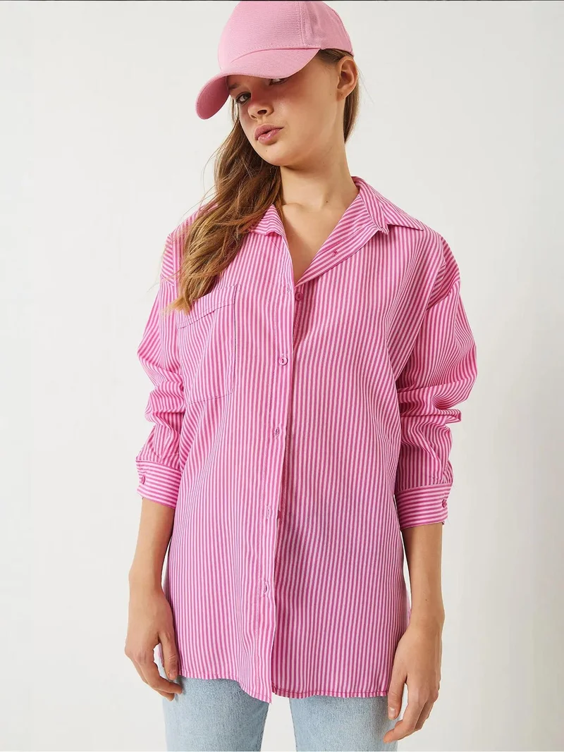 Bianco Lucci LUCCI Striped Button-Up Overshirt with Slit