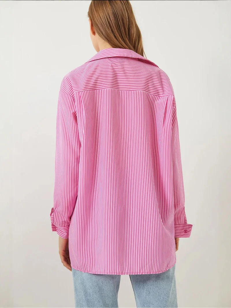 Bianco Lucci Carnation Pink LUCCI Striped Button-Up Overshirt with Slit for Women | Best Price UAE