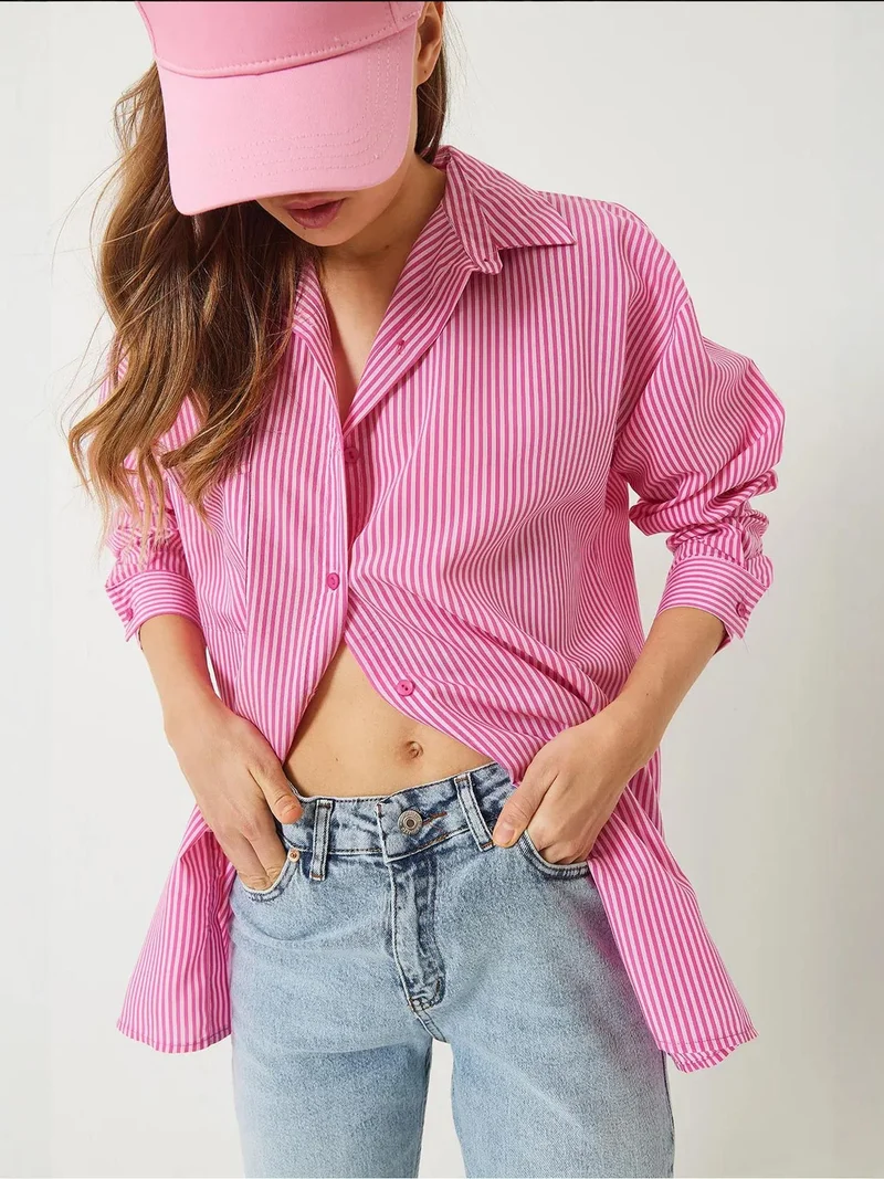 Bianco Lucci Carnation Pink LUCCI Striped Button-Up Overshirt with Slit for Women | Best Price UAE
