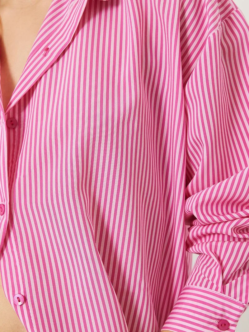 Bianco Lucci Carnation Pink LUCCI Striped Button-Up Overshirt with Slit for Women | Best Price UAE