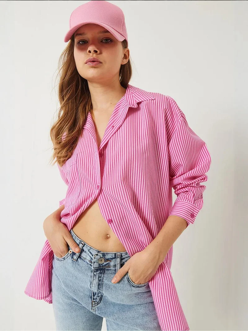 Bianco Lucci Carnation Pink LUCCI Striped Button-Up Overshirt with Slit for Women | Best Price UAE