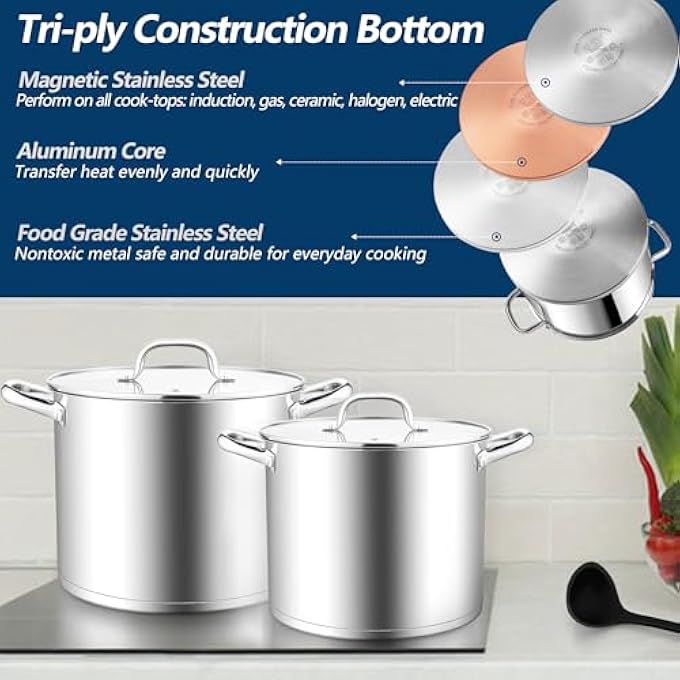 E-far 10 Quart Stainless Steel Stock Pot Large Cooking Pot With Glass Lid For Soup Canning Stewing Simmering Heavy Duty Cookware With Triply Base For Induction Gas Ceramic Stoves Dishwasher Safe - Image 5