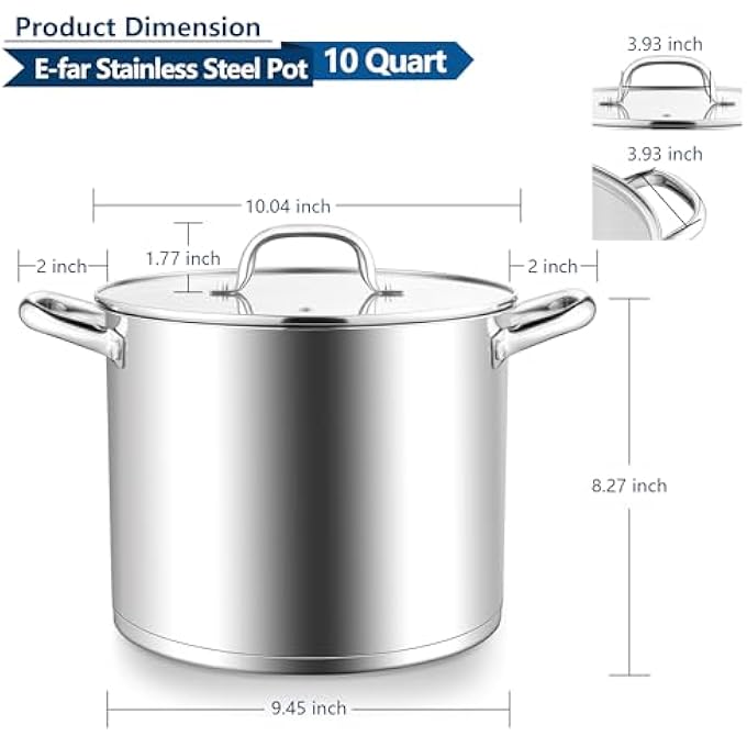 E-far 10 Quart Stainless Steel Stock Pot Large Cooking Pot With Glass Lid For Soup Canning Stewing Simmering Heavy Duty Cookware With Triply Base For Induction Gas Ceramic Stoves Dishwasher Safe - Image 3