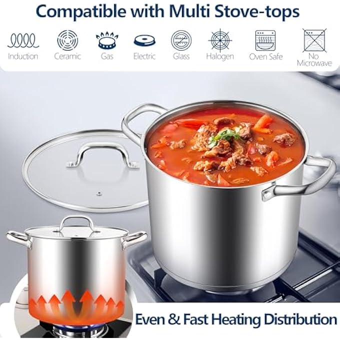 E-far 10 Quart Stainless Steel Stock Pot Large Cooking Pot With Glass Lid For Soup Canning Stewing Simmering Heavy Duty Cookware With Triply Base For Induction Gas Ceramic Stoves Dishwasher Safe - Image 4