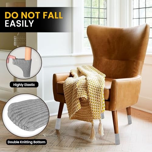 IAMZAY® 48 Pcs Grey Premium Chair Leg Socks Protectors for Hardwood Floors - Not Falling Off - Easy to Put On - Fits Round and Square Legs - High Elastic Bar Stool Leg Covers - Furniture Pads - Image 4