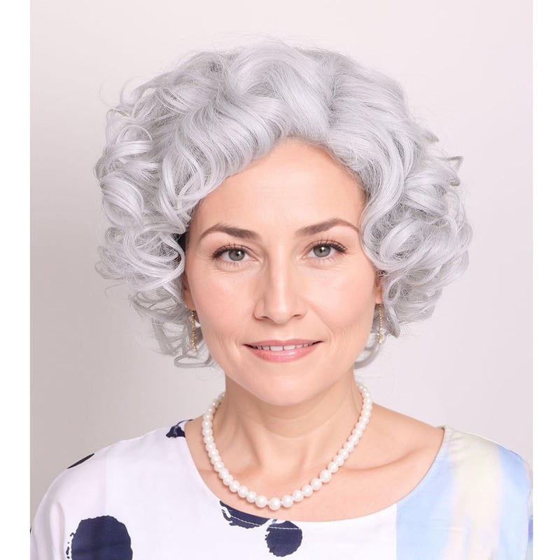 ColorGround Old Lady Granny Silver White Curly Wig 100 Days of School Silver White Curly