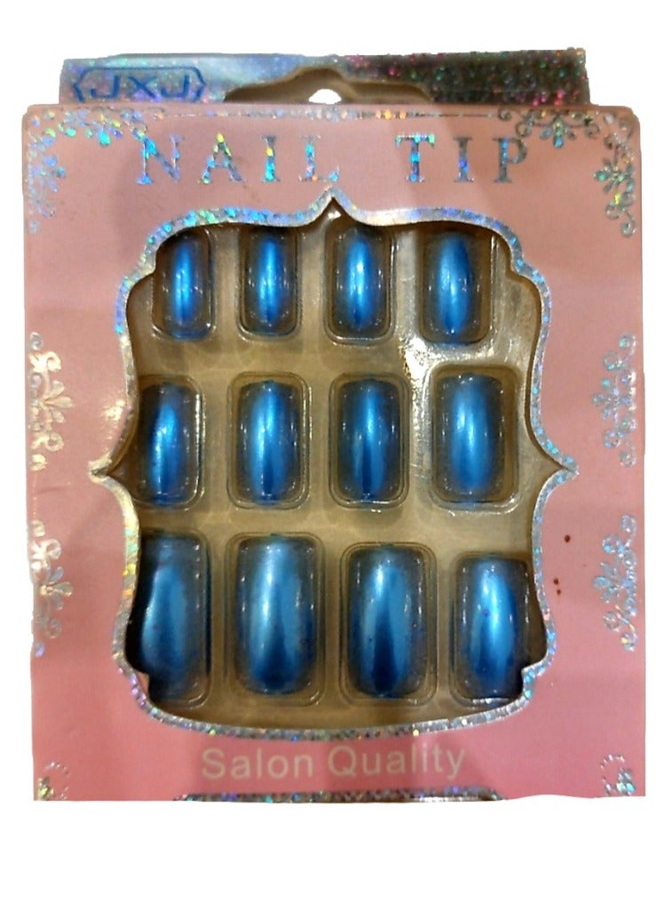 Women 12 false mirror artificial nails metallic royal blue