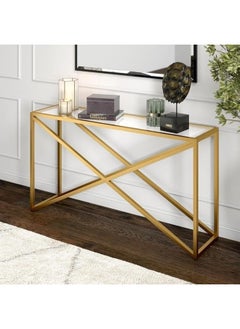 YINZUO YINZUO Modern Glass Console Table with Metal Frame, Black or Gold Finish, Available in Two Sizes – Clear Tempered Glass Top for Living Room, Entryway, Hallway, Office Décor (Matt Gold, 120 cm)  - Image 1