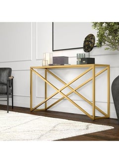 YINZUO YINZUO Modern Glass Console Table with Metal Frame, Black or Gold Finish, Available in Two Sizes – Clear Tempered Glass Top for Living Room, Entryway, Hallway, Office Décor (Matt Gold, 120 cm)  - Image 5