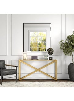 YINZUO YINZUO Modern Glass Console Table with Metal Frame, Black or Gold Finish, Available in Two Sizes – Clear Tempered Glass Top for Living Room, Entryway, Hallway, Office Décor (Matt Gold, 120 cm)  - Image 3