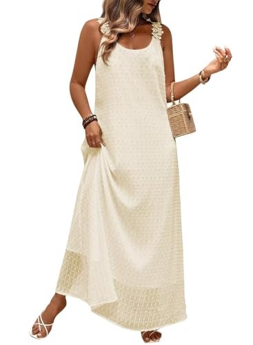 Falechay Sun Dress Elegant Wedding Guest Dresses for Women Sleeveless Crewneck Halter Chiffon Lace Tiered Boho Outfits Loose Fit Strapless Maxi Sundress Semi Formal Flowy Babydoll Clothes Apricot M - Image 1