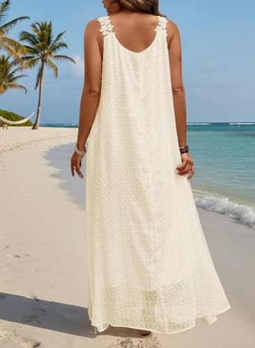 Falechay Sun Dress Elegant Wedding Guest Dresses for Women Sleeveless Crewneck Halter Chiffon Lace Tiered Boho Outfits Loose Fit Strapless Maxi Sundress Semi Formal Flowy Babydoll Clothes Apricot M - Image 2