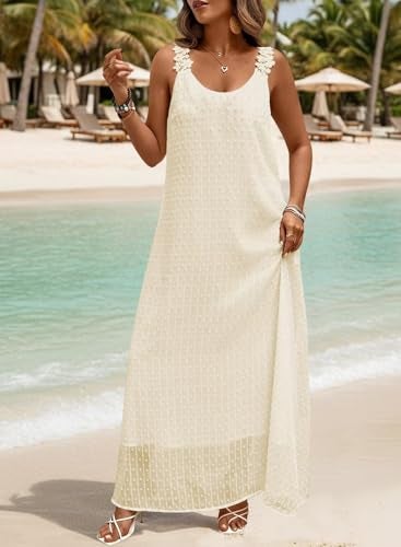Falechay Sun Dress Elegant Wedding Guest Dresses for Women Sleeveless Crewneck Halter Chiffon Lace Tiered Boho Outfits Loose Fit Strapless Maxi Sundress Semi Formal Flowy Babydoll Clothes Apricot M - Image 4