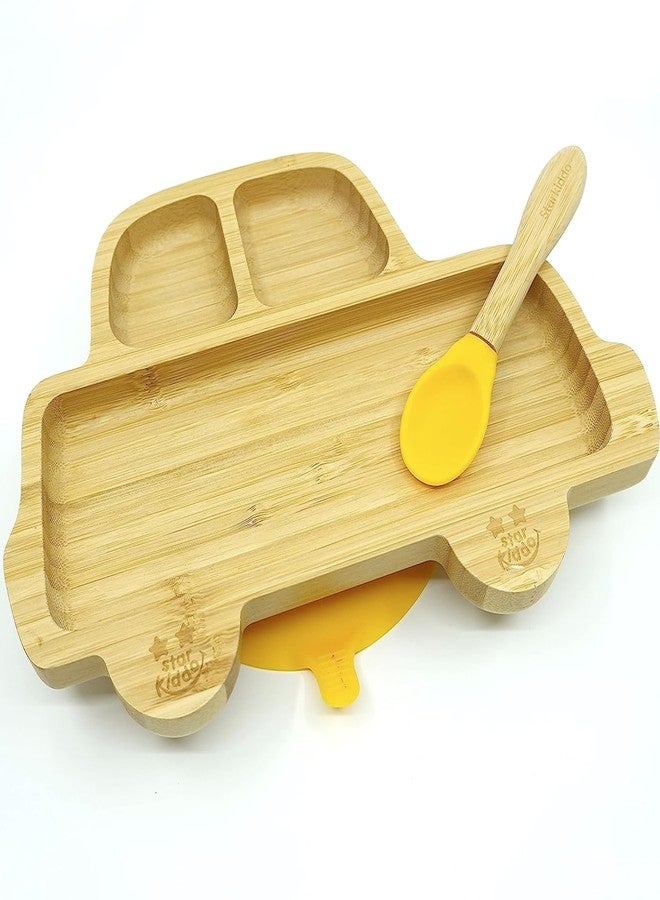 StarKiddo®️ ‘Bamboo Rider’ Baby Plate for Kids and Baby-Led Weaning | 3 Sections | Non-Toxic | Super Strong Suction Cup - Natural Bamboo BPA Free Baby Plate for Stay Put Feeding (Yellow, Mustard) - Image 5