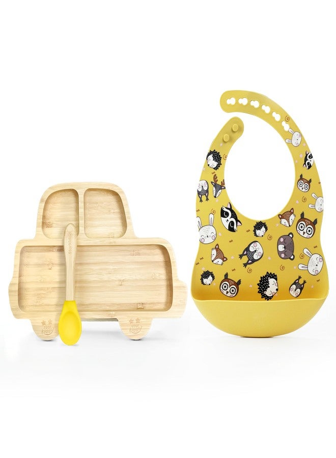 StarKiddo®️ ‘Bamboo Rider’ Baby Plate for Kids and Baby-Led Weaning | 3 Sections | Non-Toxic | Super Strong Suction Cup - Natural Bamboo BPA Free Baby Plate for Stay Put Feeding (Yellow, Mustard) - Image 1