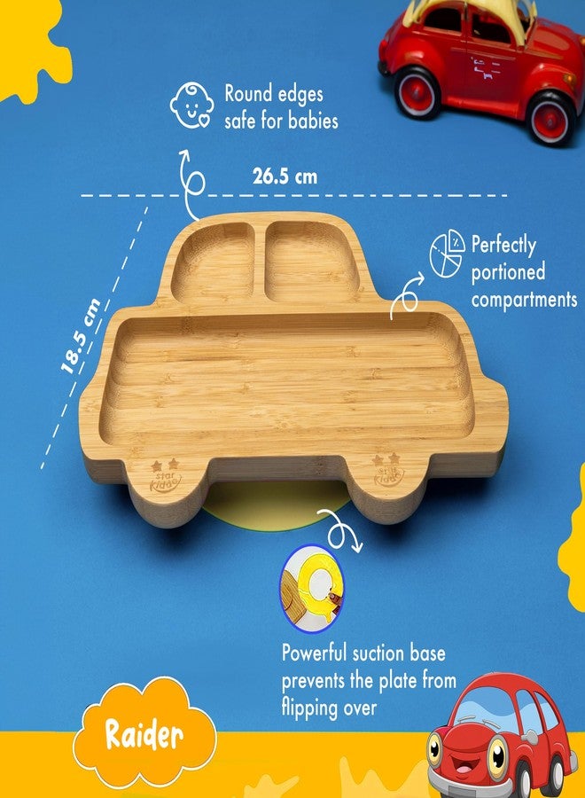StarKiddo®️ ‘Bamboo Rider’ Baby Plate for Kids and Baby-Led Weaning | 3 Sections | Non-Toxic | Super Strong Suction Cup - Natural Bamboo BPA Free Baby Plate for Stay Put Feeding (Yellow, Mustard) - Image 2