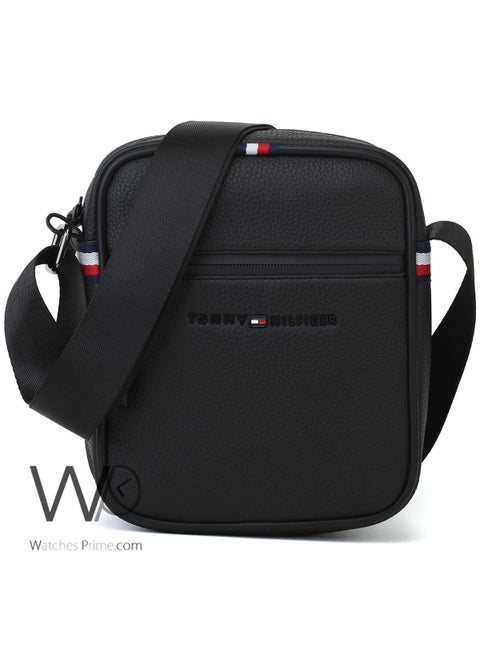 Black Leather Original Tommy Hilfiger Crossbody Messenger Bag For Men