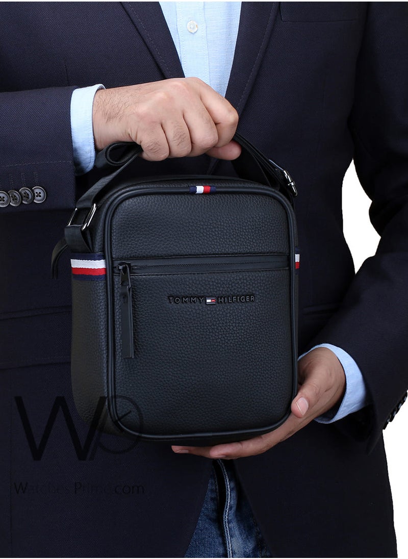 Black Leather Original Tommy Hilfiger Crossbody Messenger Bag For Men