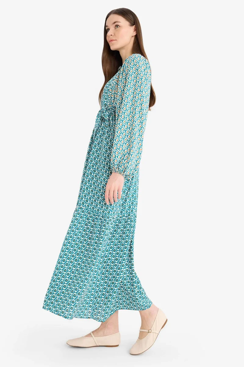 ديفاكتو Patterned Belted Long Sleeve Maxi Modest Dress