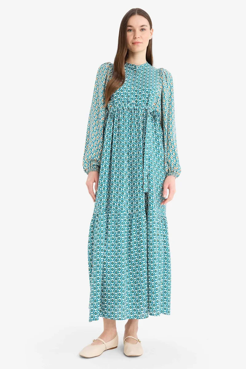 ديفاكتو Patterned Belted Long Sleeve Maxi Modest Dress