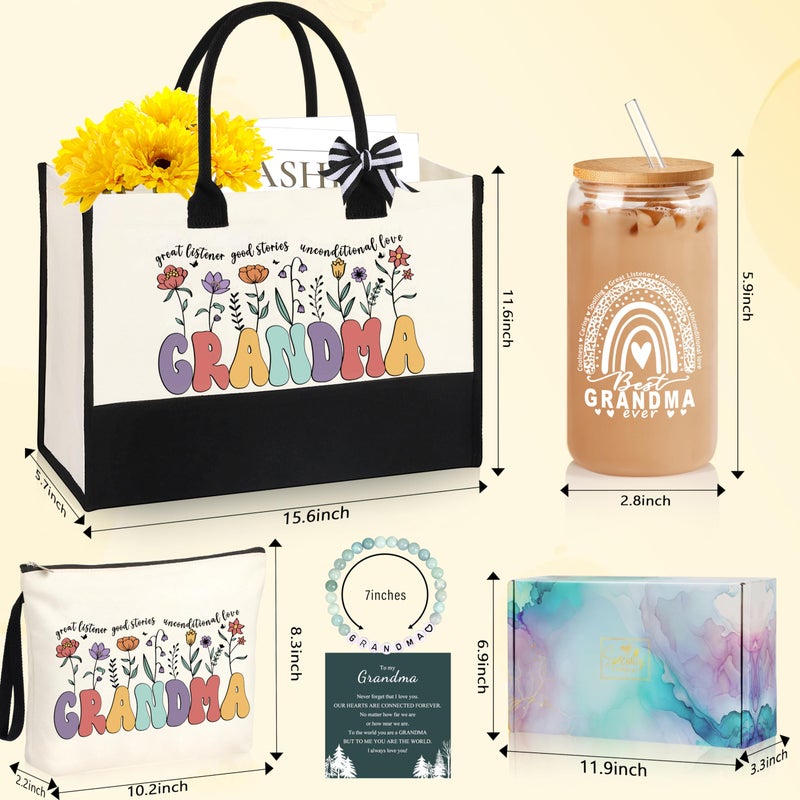 DOGMEM DOGMEM Grandma Gifts for Birthday Tote Bag Grandma Gifts Set from Granddaughter Grandson Grandchildren Grandkids Best Grandma Gifts Basket Tote Bag Makeup Bag 16 Oz Can Glass Bead Bracelet  - Image 3