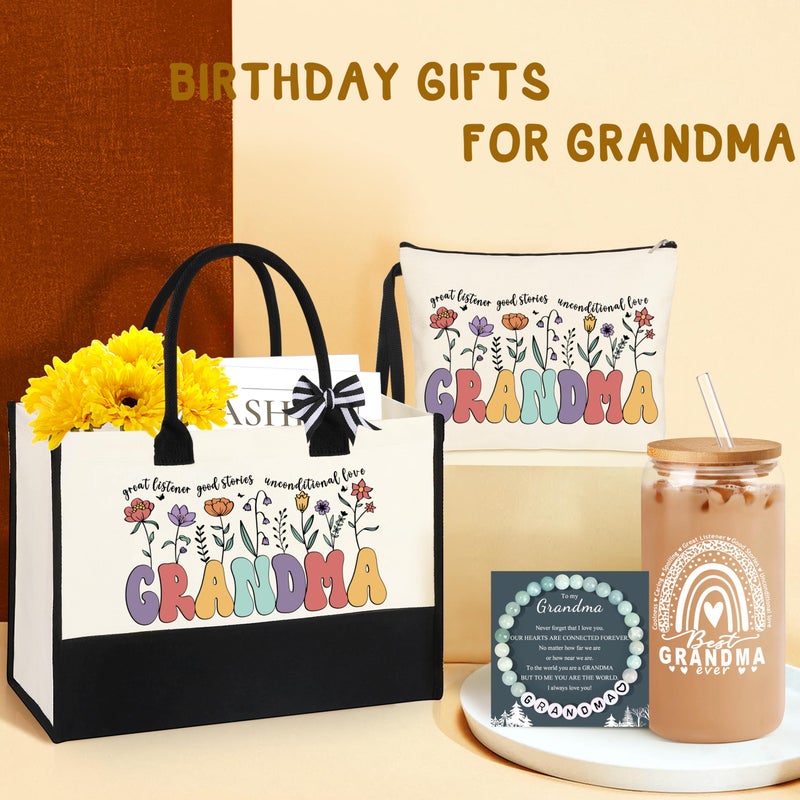 DOGMEM DOGMEM Grandma Gifts for Birthday Tote Bag Grandma Gifts Set from Granddaughter Grandson Grandchildren Grandkids Best Grandma Gifts Basket Tote Bag Makeup Bag 16 Oz Can Glass Bead Bracelet  - Image 2