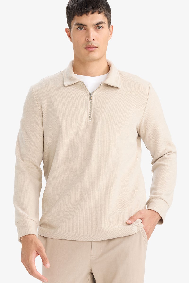 DeFacto Beige Man Long Sleeve Polo Neck Regular Fit Sweat Shirt Casual - Image 1