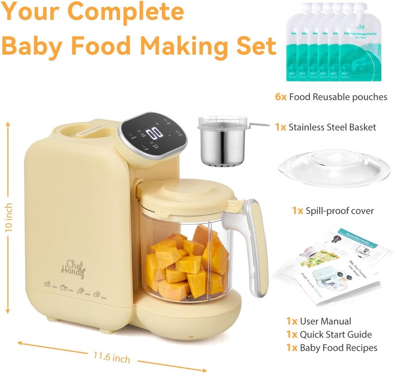 Chefhandy صانع أغذية الأطفال، معالج أغذية الأطفال 5 في 1، صانع مهروس مع طنجرة بخار، خلاط بخاري متعدد الوظائف بشاشة لمس، وظيفة تسخين زجاجات الحليب، طهي تلقائي، آلة طحن - أصفر - Image 5