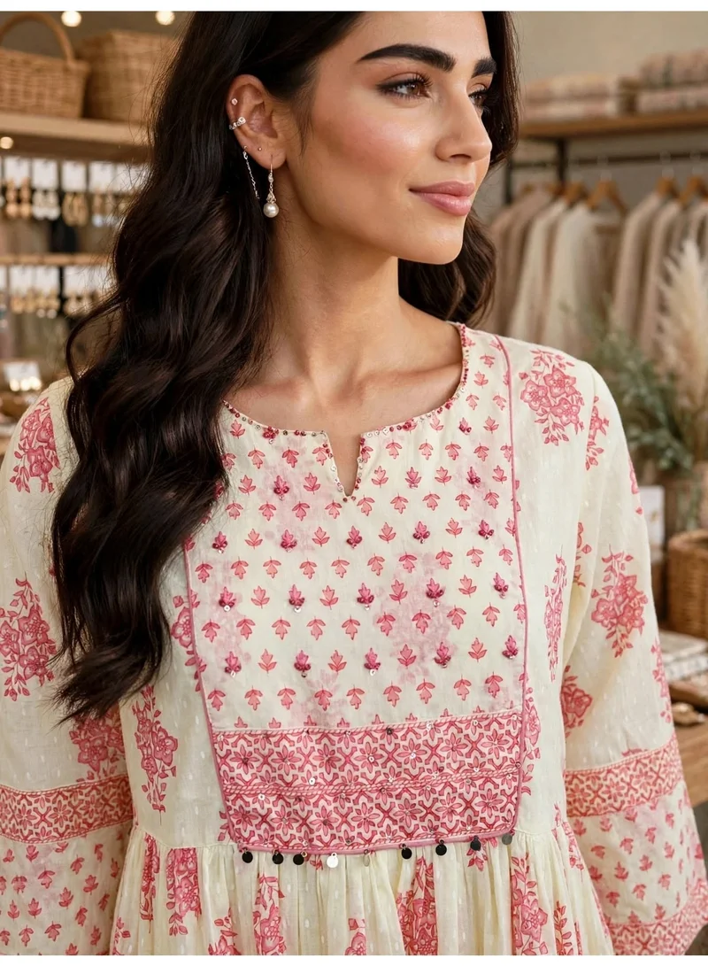 Ikkxa IKKXA Floral Block Print Tiered Jalabiya IKX126 Pink