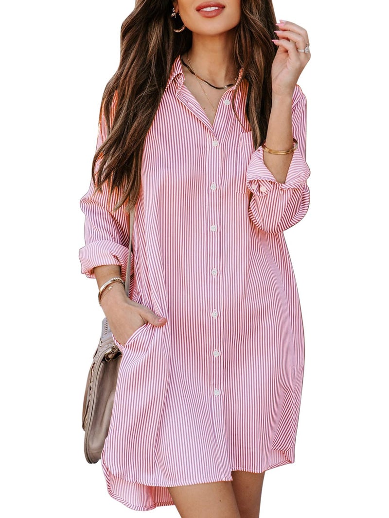 Aoudery Womens Button Down Shirt Dresses with Pockets Striped Cotton Shirts Collared Long Sleeve High Low Blouse TopsPeach Striped L