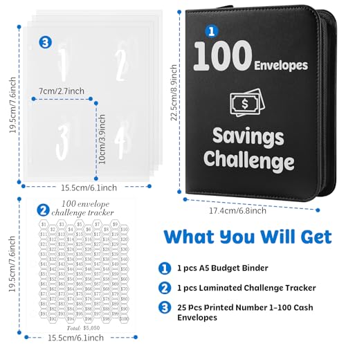 Pemocyny 100 Envelopes Money Saving Challenge Binder with Laminated Tracker, Money Saving Challenge Budget Binder with Cash Envelopes, Savings Challenge Book with Zippe to Save $5,050 - Image 2