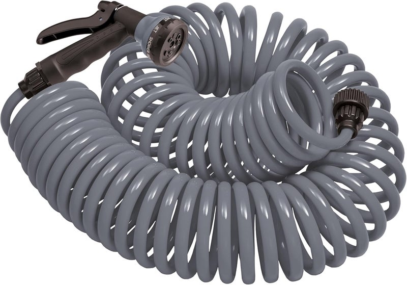 ORBIT 27560 Coil Garden Hose, 50 Feet, with 8-Pattern Hose Nozzle (Gray) - Image 1