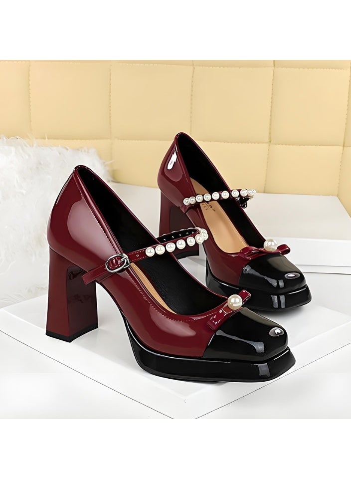 بيج تري أحذية ماري جين الكعب العالي المغلق مربع إصبع القدم مع أحزمة الخرز النبيذ الأحمر / الأسود - Image 2