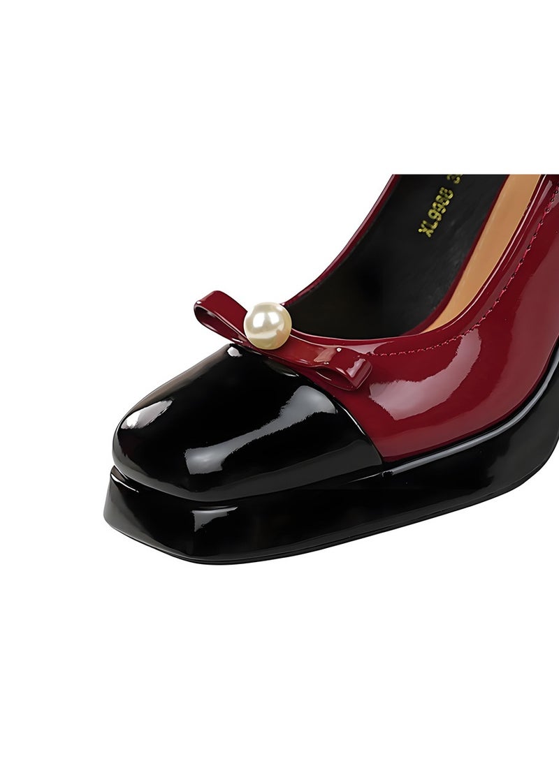 بيج تري أحذية ماري جين الكعب العالي المغلق مربع إصبع القدم مع أحزمة الخرز النبيذ الأحمر / الأسود - Image 3