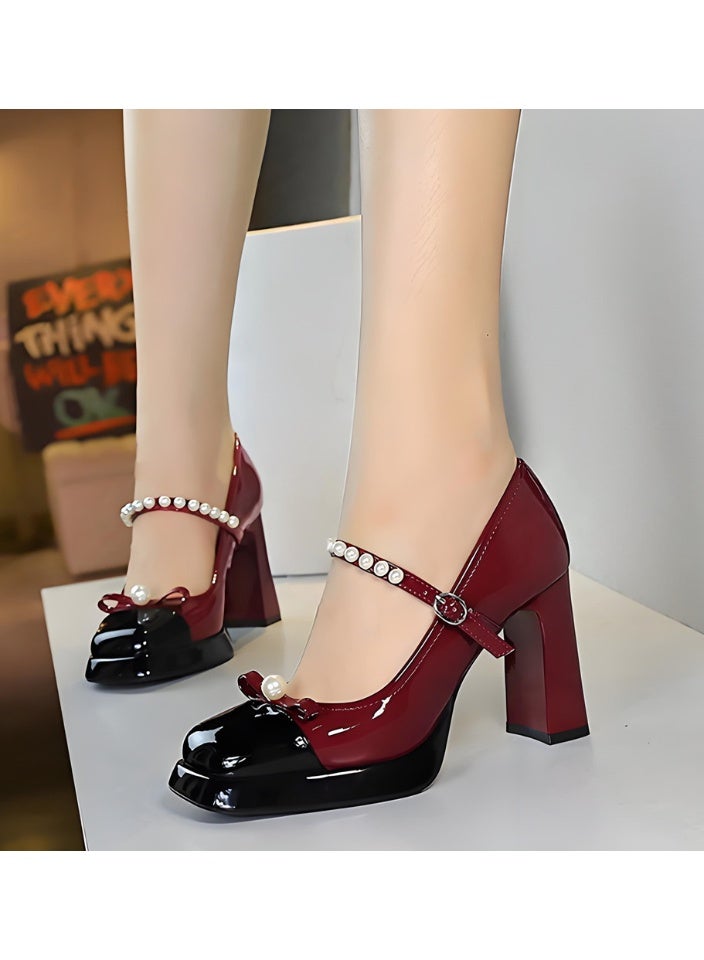 بيج تري أحذية ماري جين الكعب العالي المغلق مربع إصبع القدم مع أحزمة الخرز النبيذ الأحمر / الأسود - Image 4
