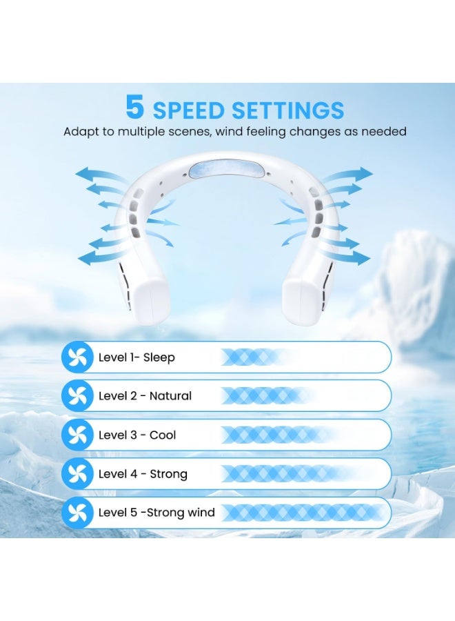 Halamine Neck Fan,Neck Air Conditioner, 5-speed Adjustable, Portable Neck Fan, Bladeless Neck Cooling Fan, USB Charging, For Sports, Travel, Outdoor and Indoor (White) - Image 3